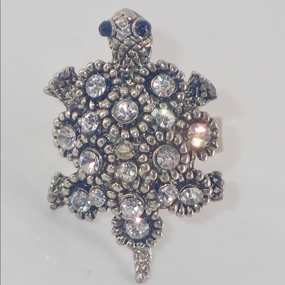 Vintage Ring Crystal Turtle Silver Adjustable Band Size 7 A Statement Piece Rare - Picture 1 of 12